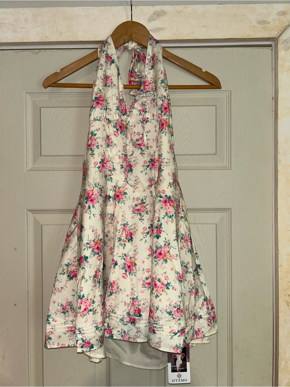 Girls' Floral Halter Dress - Cream with Pink Roses